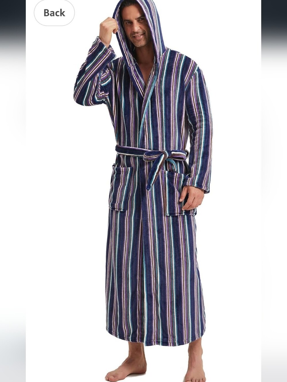 @Striped Hooded Men's Bathrobe - Blue Multi